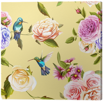 Humming Bird, Roses With Leaves On Yellow - Carta Da Parati Colibrì (400x400), Png Download