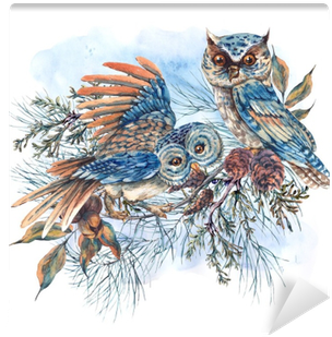 Watercolor Greeting Card With Owls, Spruce Branches - Watercolor Painting (400x400), Png Download