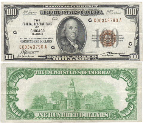 1929 $100 Chicago Federal Reserve Bank Note Fr - 100 Bill Front And Back (480x480), Png Download