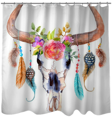 Watercolor Bull Skull With Flowers And Feathers Shower - Boho Skull (400x400), Png Download