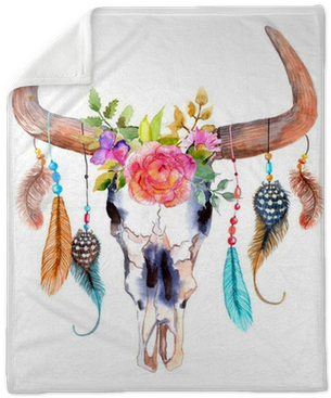 Watercolor Bull Skull With Flowers And Feathers Plush - Boho Cow Skull (400x400), Png Download