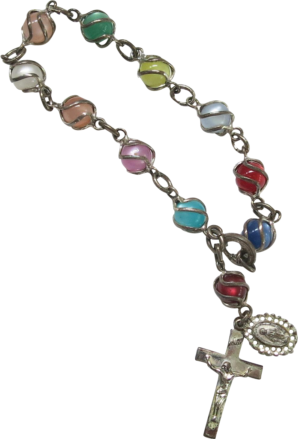 Sterling Caged Moonglow Lucite Rosary Bracelet Vintage - Bracelet (1460x1460), Png Download