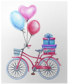 Watercolor Illustration, Bicycle, Balloons, Gift Boxes, - Balloons With Bike Clipart (400x400), Png Download