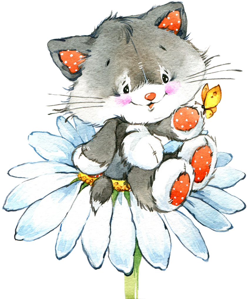 Cat Drawing Watercolor Painting Illustration - Giclee Painting: Int’l's Kitten On A Flower, 61x46in. (878x1024), Png Download