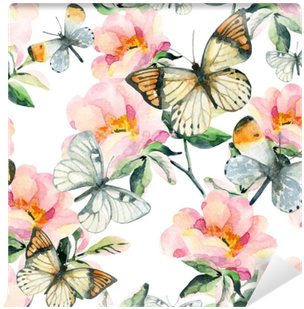 Watercolor Briar Flowers And Butterfly Seamless Pattern - Watercolor Painting (400x400), Png Download