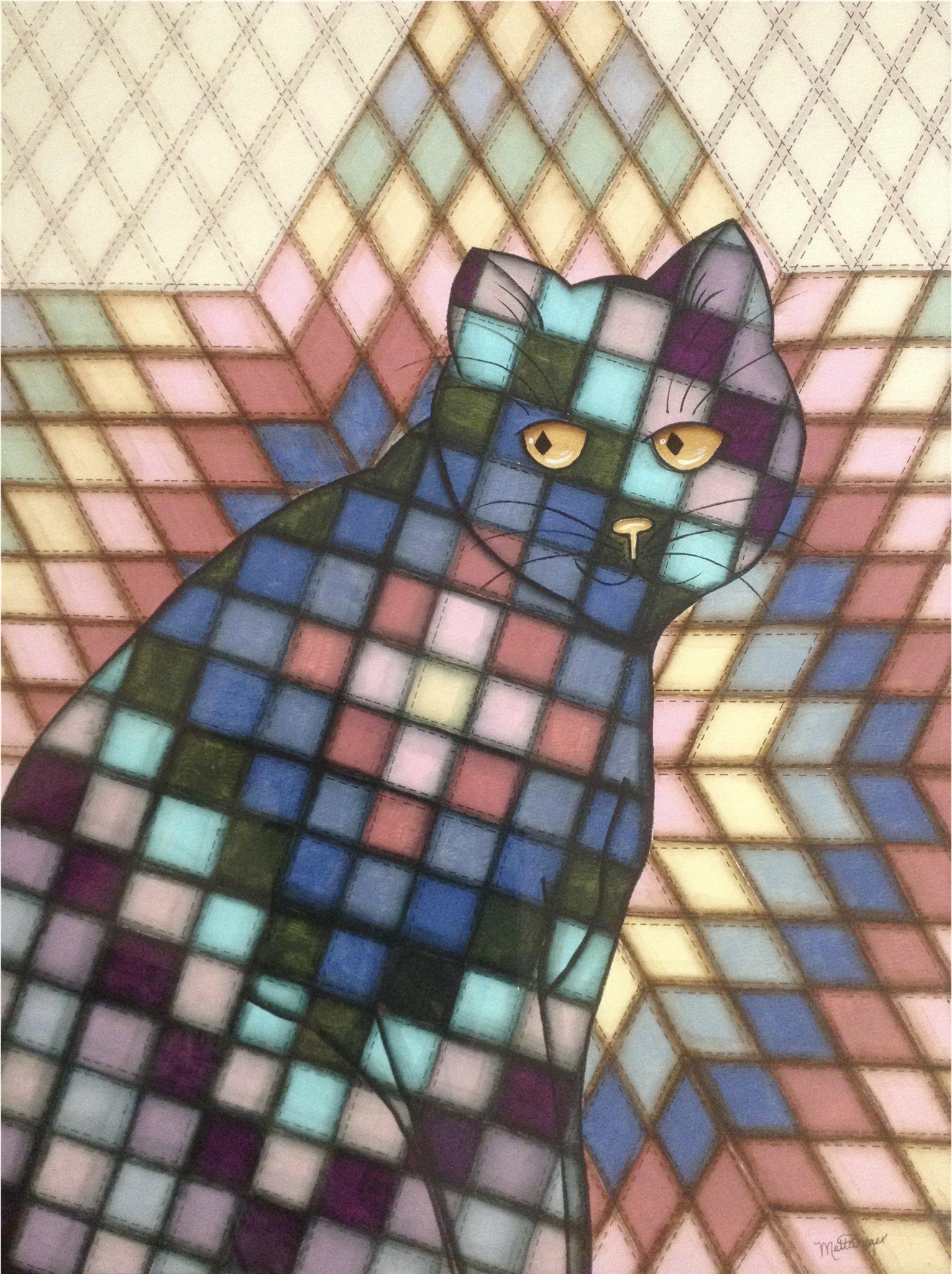 Metta Sager, Watercolor Painting Of Cat In Quilted - Tabby Cat (2048x2048), Png Download