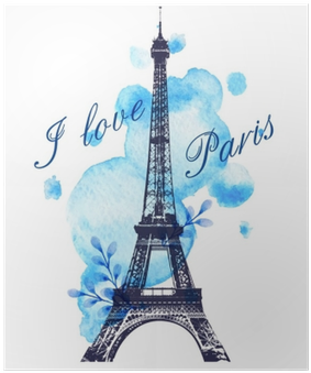 Blue Watercolor Blots And Eiffel Tower Poster • Pixers® - Interestprint Eiffel Tower I Love Paris French Style (400x400), Png Download