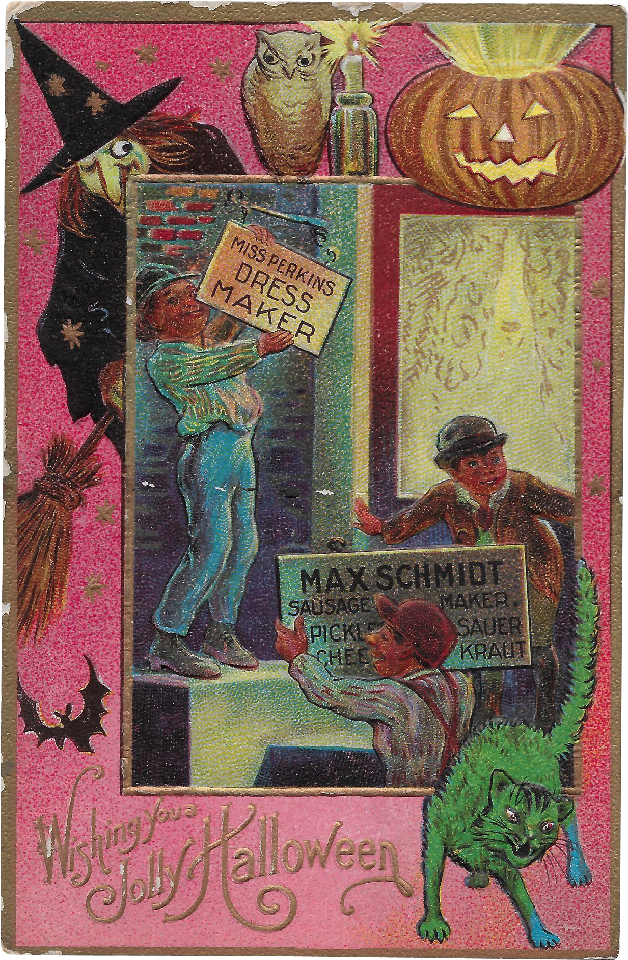 Vintage Halloween Postcard With Witch Jack O Lantern - Posterazzi Customshalloween Poster Print By Mary Evans (1883x1883), Png Download