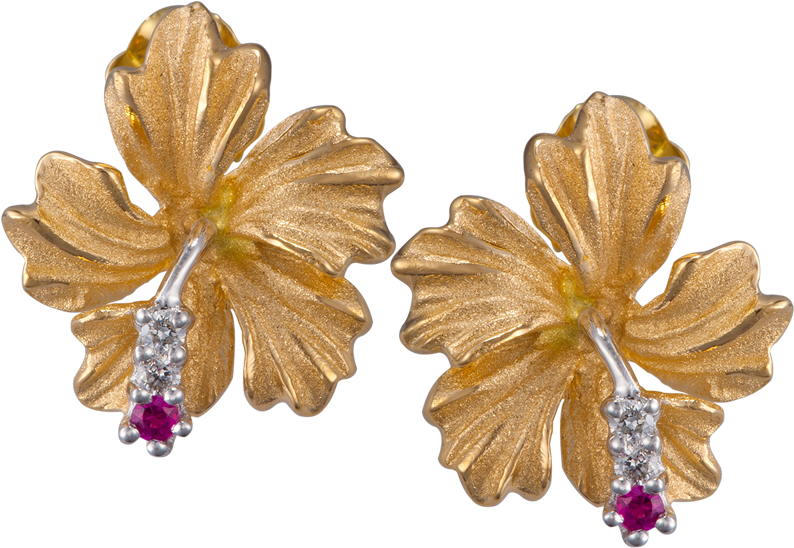14k Yellow Gold Hibiscus Earrings - Colored Gold (1024x768), Png Download