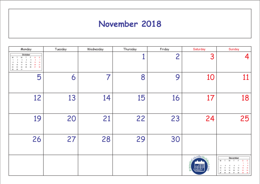 November Calendar 2018 Png - Calendario (842x595), Png Download