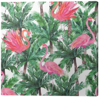 Watercolor Pink Flamingos, Exotic Birds, Tropical Palm - Watercolor Botanical Summer Leaves (400x400), Png Download
