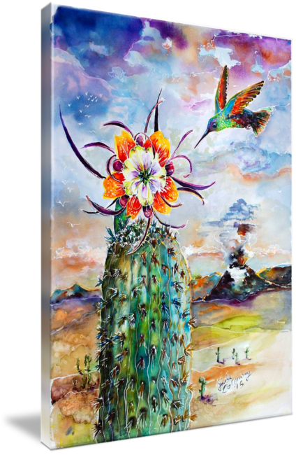 #hummingbird On #cactus #flower #watercolor Print By - Watercolor Painting (424x650), Png Download