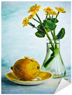 Tuval Üzerine Sarı Çiçek Ve Limon, Yağlı Boya Ile Natürmort - Canvas (400x400), Png Download