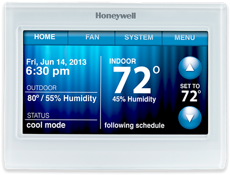 Wifi 9000 Color Touchscreen 7 Day Programmable Thermostat - Honeywell Wi-fi 9000 Color Touchscreen Thermostat (450x390), Png Download