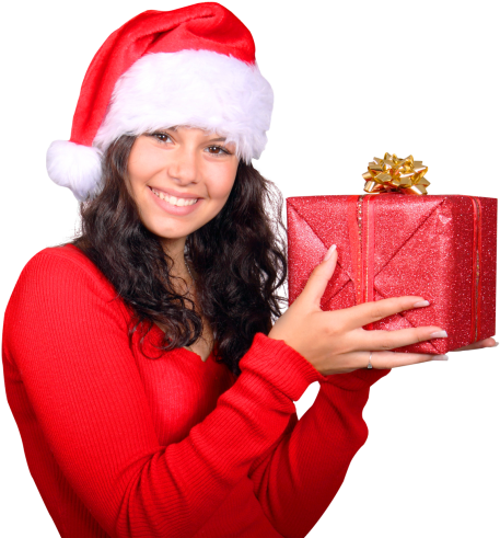 Girl With Red Santa Claus Hat Holding Gift Box Png - Girl Santa Claus Cap (500x515), Png Download