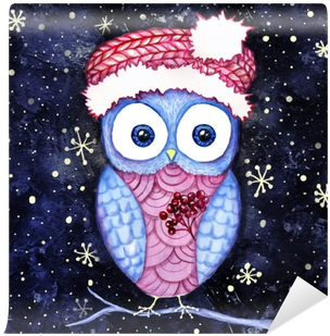 Cute Owl In The Santas Hat And Dogberry Winter Night - Duvar Kağıtları Şirin Bilgisayara (400x400), Png Download
