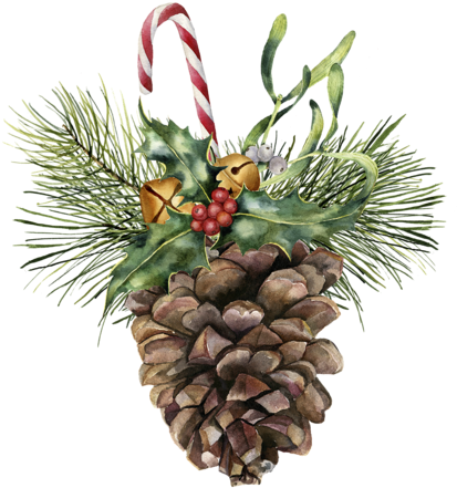 Watercolor Pine Cone With Holiday Decor - Watercolor Paintings Of Christmas Bells (500x500), Png Download