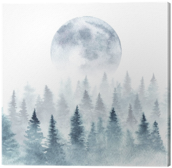 Landscape Of A Winter Forest And Rising Moon - Moon Watercolor Forest (400x400), Png Download
