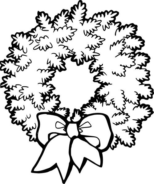 Wreath Clip Art - Black And White Christmas Wreath (498x594), Png Download