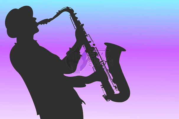 Silhouette Saxophone Player Blue Purple - Saxophonist (606x402), Png Download