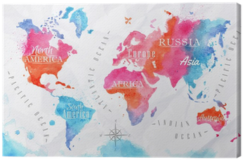 Watercolor World Map Pink Blue Canvas Print • Pixers® - World Outline Map Watercolor (400x400), Png Download