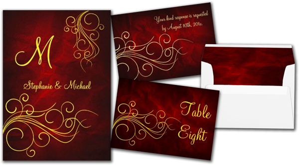 Elegant Red Gold Monogram Wedding Invitation - Red Black And Gold Wedding Invitations (600x332), Png Download