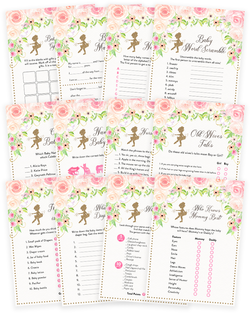 Pink And Gold Floral Tutu Ballerina Baby Shower Game - Paper (819x1024), Png Download