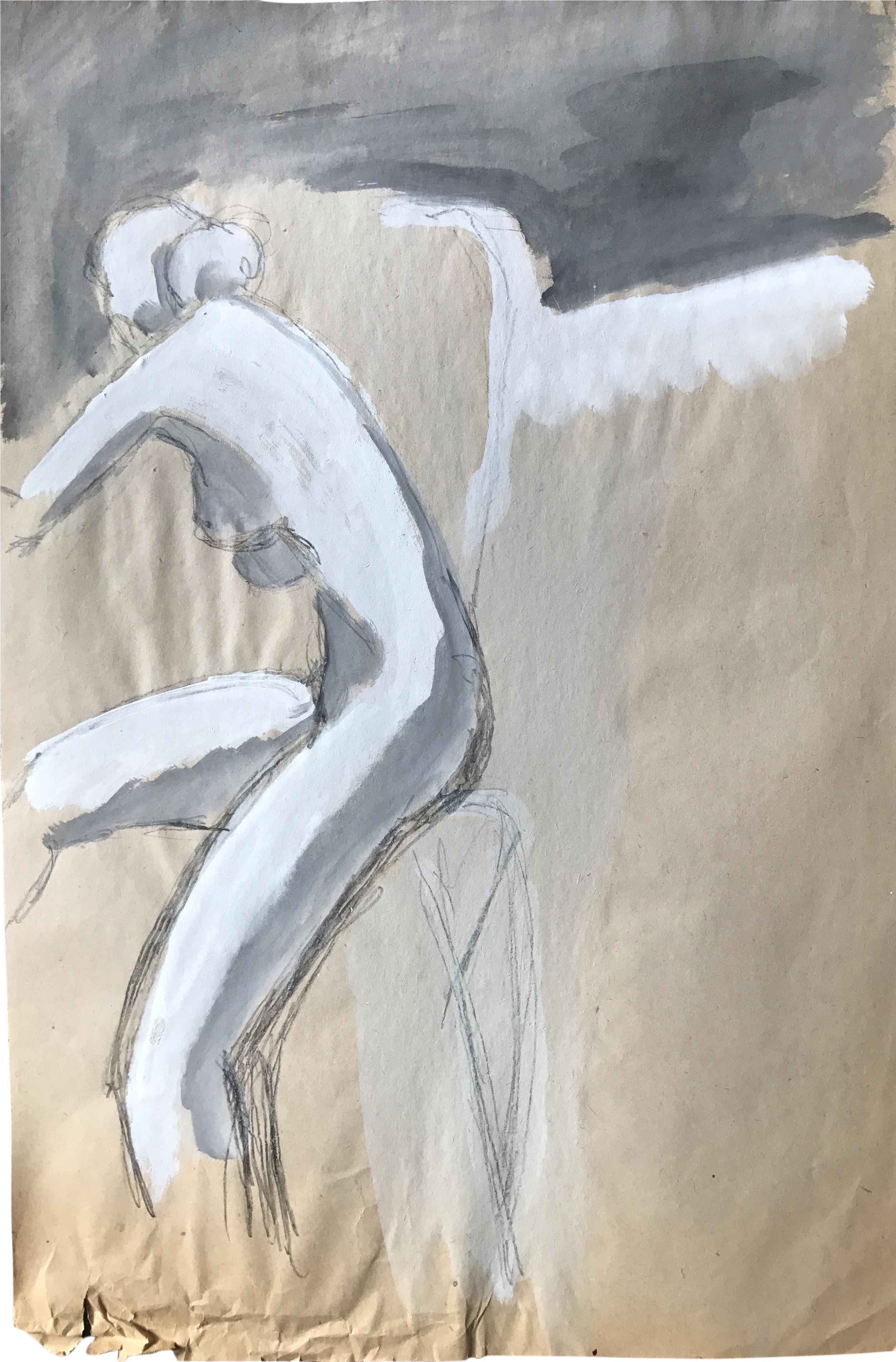 Mid Century Gouache Female Nude Sitting On - Modern Drawing (2781x4228), Png Download