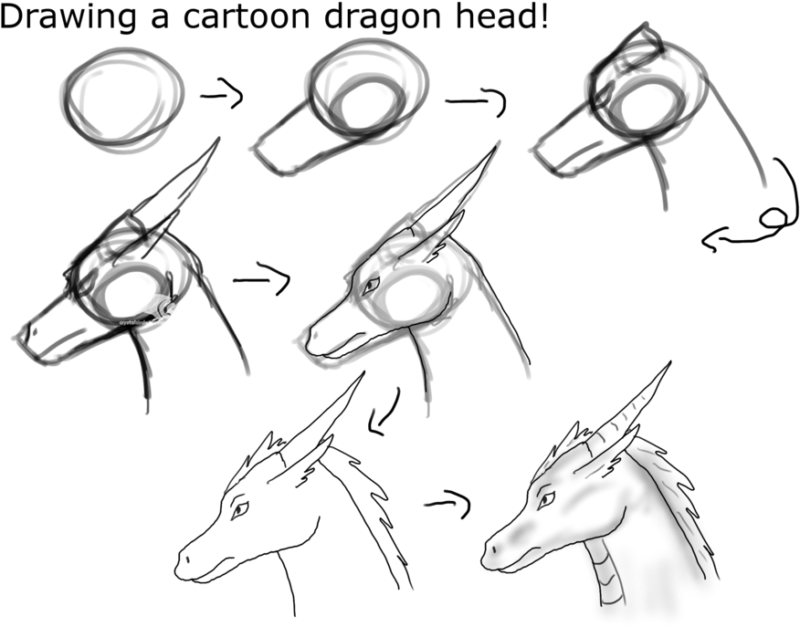 Black And White Download A Cartoon Dragon Head - Draw Dragons Head Step By Step (900x695), Png Download