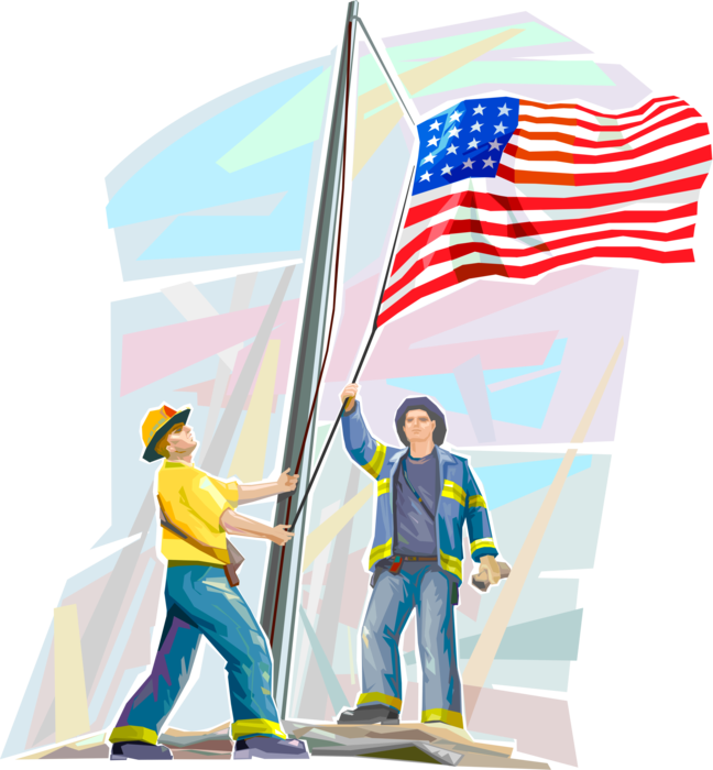 Vector Illustration Of Firefighters Raise American - September 11 Attacks (648x700), Png Download