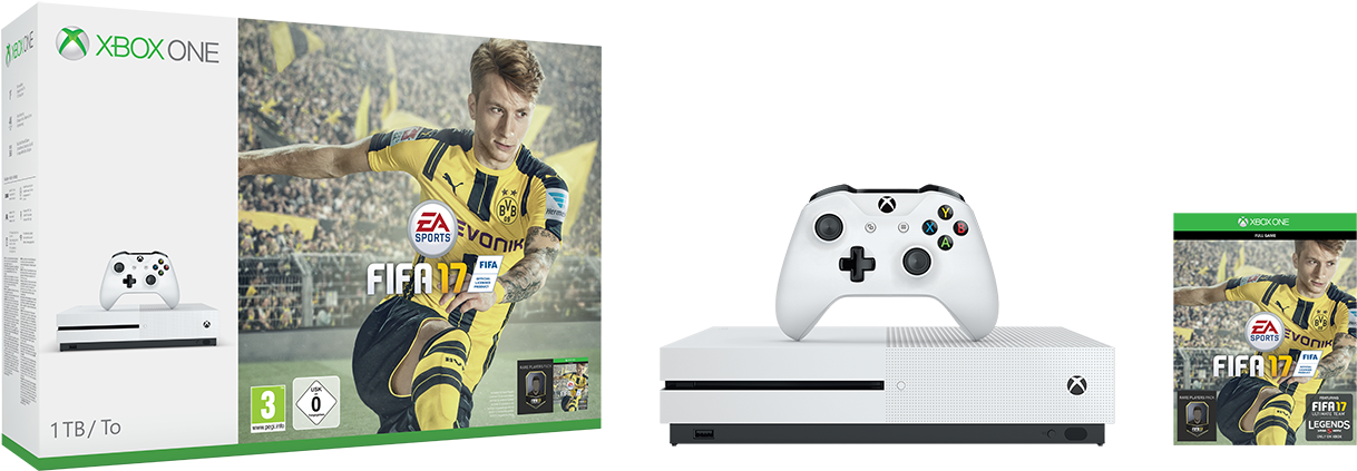 Xboxones 1tbconsole Fifa17 We Groupshot Rgb - Xbox One S 1tb Fifa 17 (1300x480), Png Download