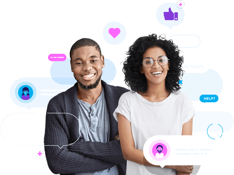 Two Helpful And Happy People Surrounded By Chat Icons - Online Chat (1000x749), Png Download