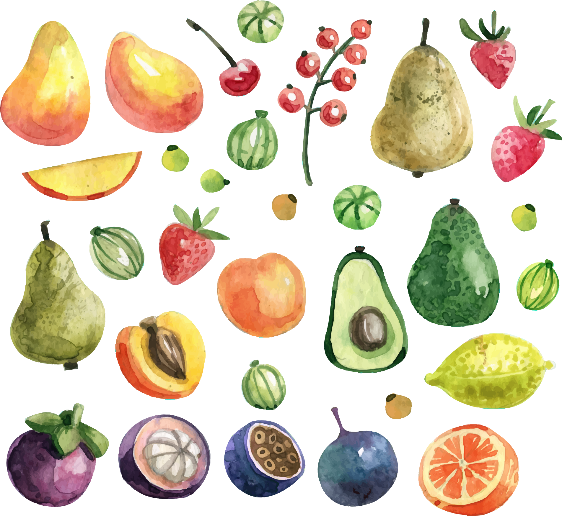 Fruit Painting Apricot Green Avocado Transprent Png - Watercolor Fruits Png Free Download (1903x1749), Png Download