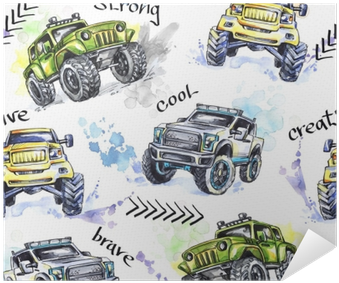 Watercolor Seamless Pattern Cartoon Monster Trucks - Watercolor Painting (400x400), Png Download