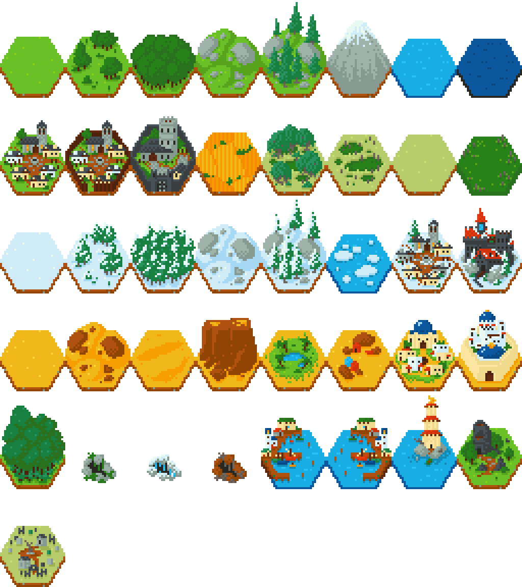 Pixel Hex Tileset (1024x1152), Png Download