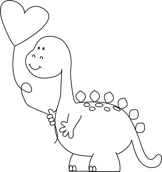 Black And White Valentine Dinosaur With Balloon Clip - Illustration (518x550), Png Download