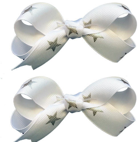 White With Silver Stars Hair Bow On French Barrette - Present (500x500), Png Download