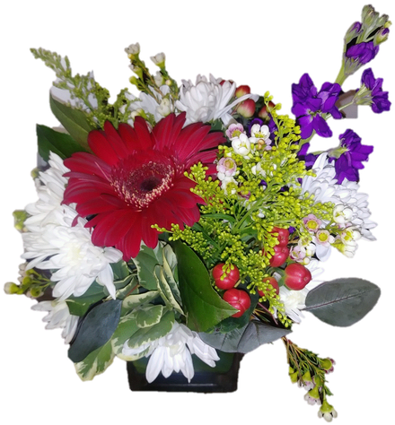 A 4" Cube With Red Gerbera And Colorful Flowers With - Bouquet (498x663), Png Download