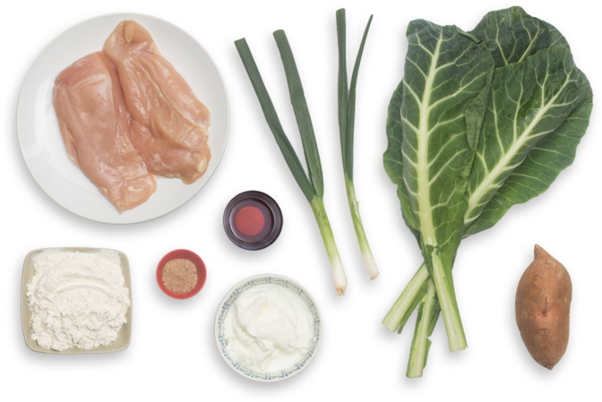 Chicken Fried Chicken With Baked Sweet Potato & Collard - Chicken (700x477), Png Download