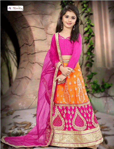 Pink & Orange Color Net Embroidered Party Wear Kid's - Chaniya Choli For Kids (600x600), Png Download