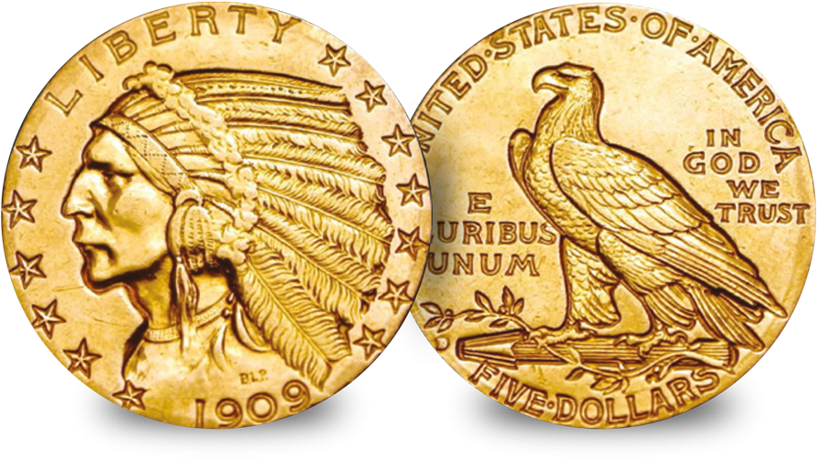 The Very First Gold Coins To Be Struck In America - 1908 Incuse Indian Head $5 (1000x606), Png Download