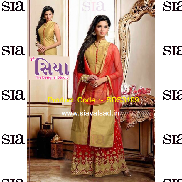 Pakistani Style Gold And Red Plazo Suit - Silk (620x620), Png Download