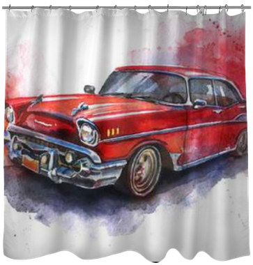 Watercolor Hand Drawn Old Fashioned Red Car Shower - Watercolor Painting (400x400), Png Download