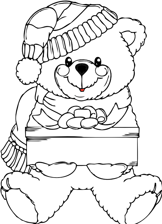 Christmas Bear Wih Present Black White Line Art Xmas - Christmas Teddy Coloring Pages (555x773), Png Download