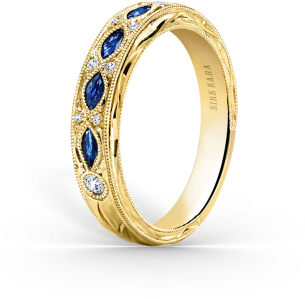 Dahlia 18k Yellow Gold Ladies Wedding Band - Marquise Blue Sapphire & Round Cz 14k Gold Plated (600x450), Png Download