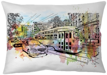 Watercolor Splash With Sketch Of Trolley Car Moves - San Francisco (400x400), Png Download