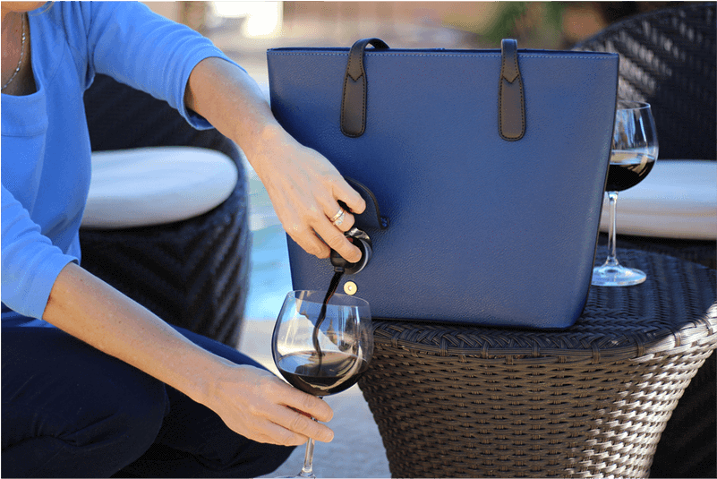 Woman Pouring Wine From Blue Portovino Wine Purse - Wine Purse - Portovino Handbag (800x800), Png Download