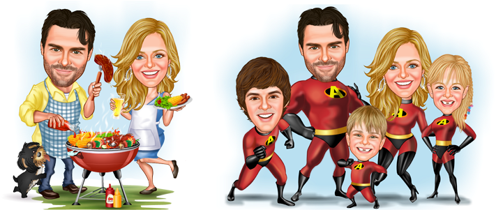 Special Customizing - Family Caricature Sample (755x305), Png Download