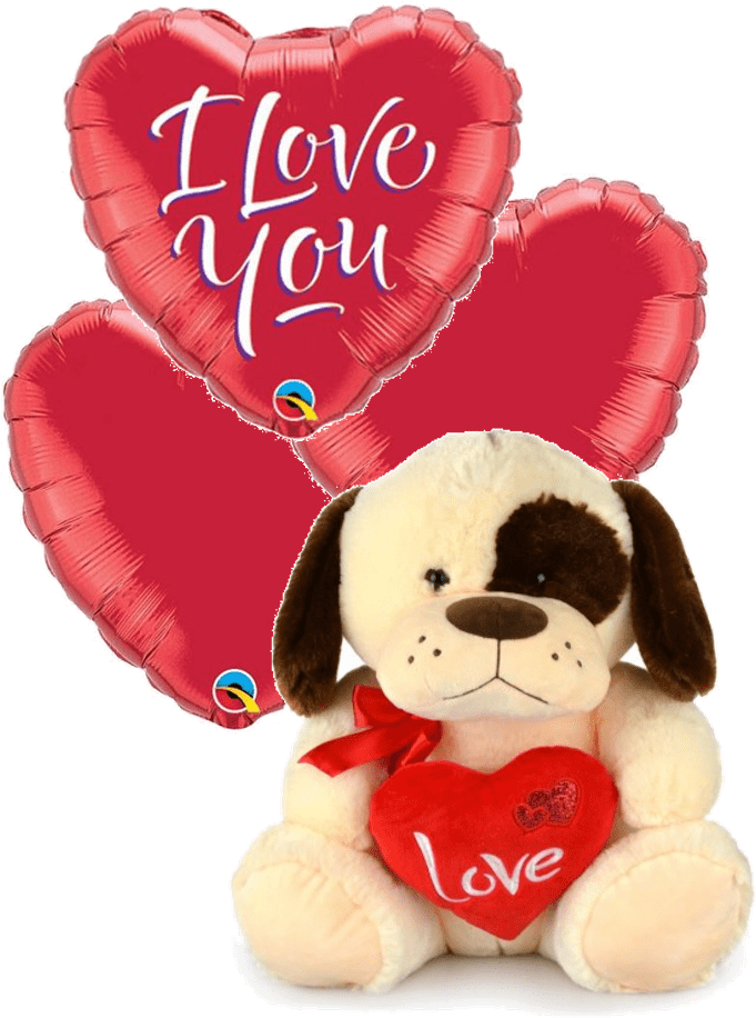 Big Bruno Love Puppy With Balloons - Love You Balloon And Teddy Bear Gift (735x939), Png Download