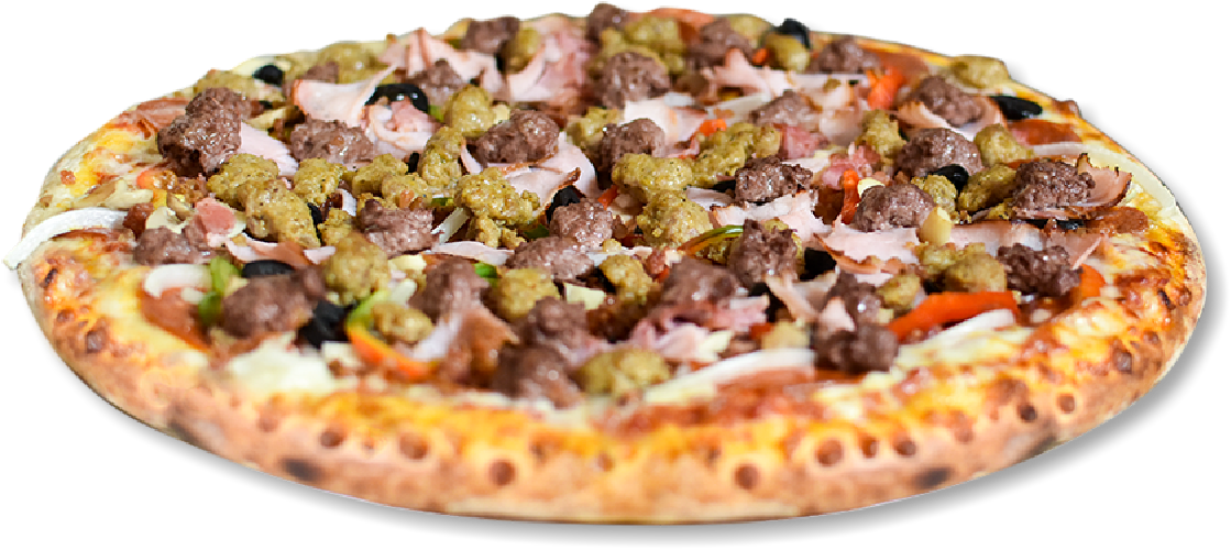 Green & Black Olives, Bacon, Hot Peppers, Chicken, - Ham Corn Funghi Pizza (1119x500), Png Download